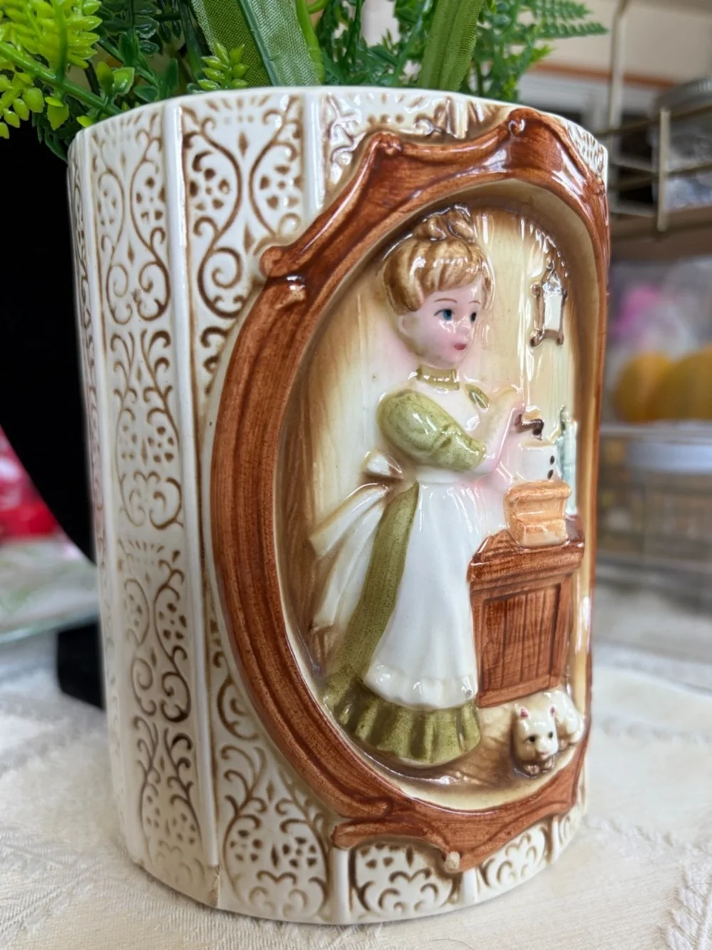 Vintage Decorative Ceramic Canister / Lady in Kitchen Scene 1978